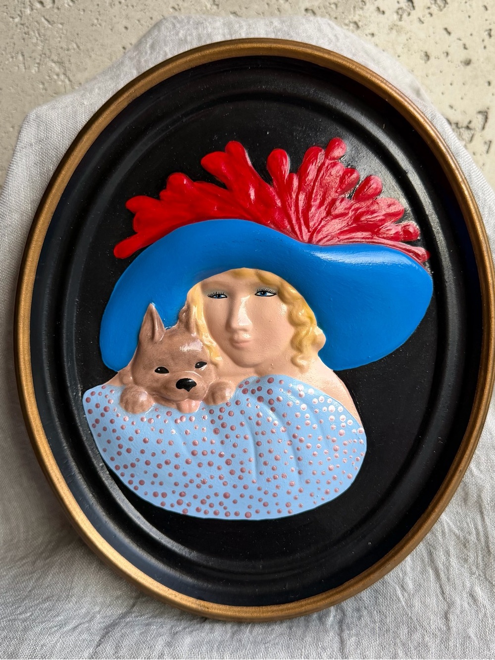 Vintage Style Wall Plaque Girl with Dog in Blue Hat and Red Feathers
